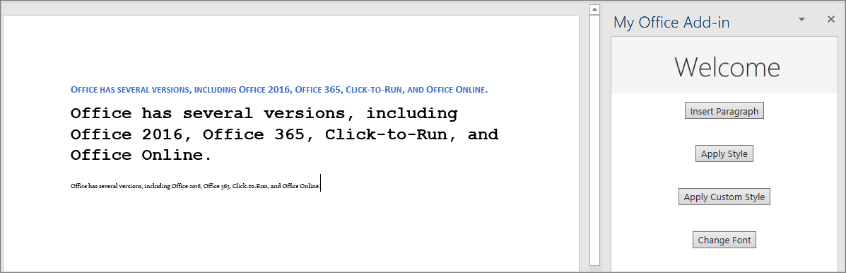 Word のチュートリアルによって適用されたスタイルと変更されたフォントのスクリーンショット。