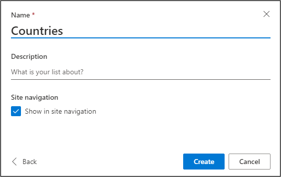 [リストの作成] フォーム - リストの詳細の入力を示すスクリーンショット。