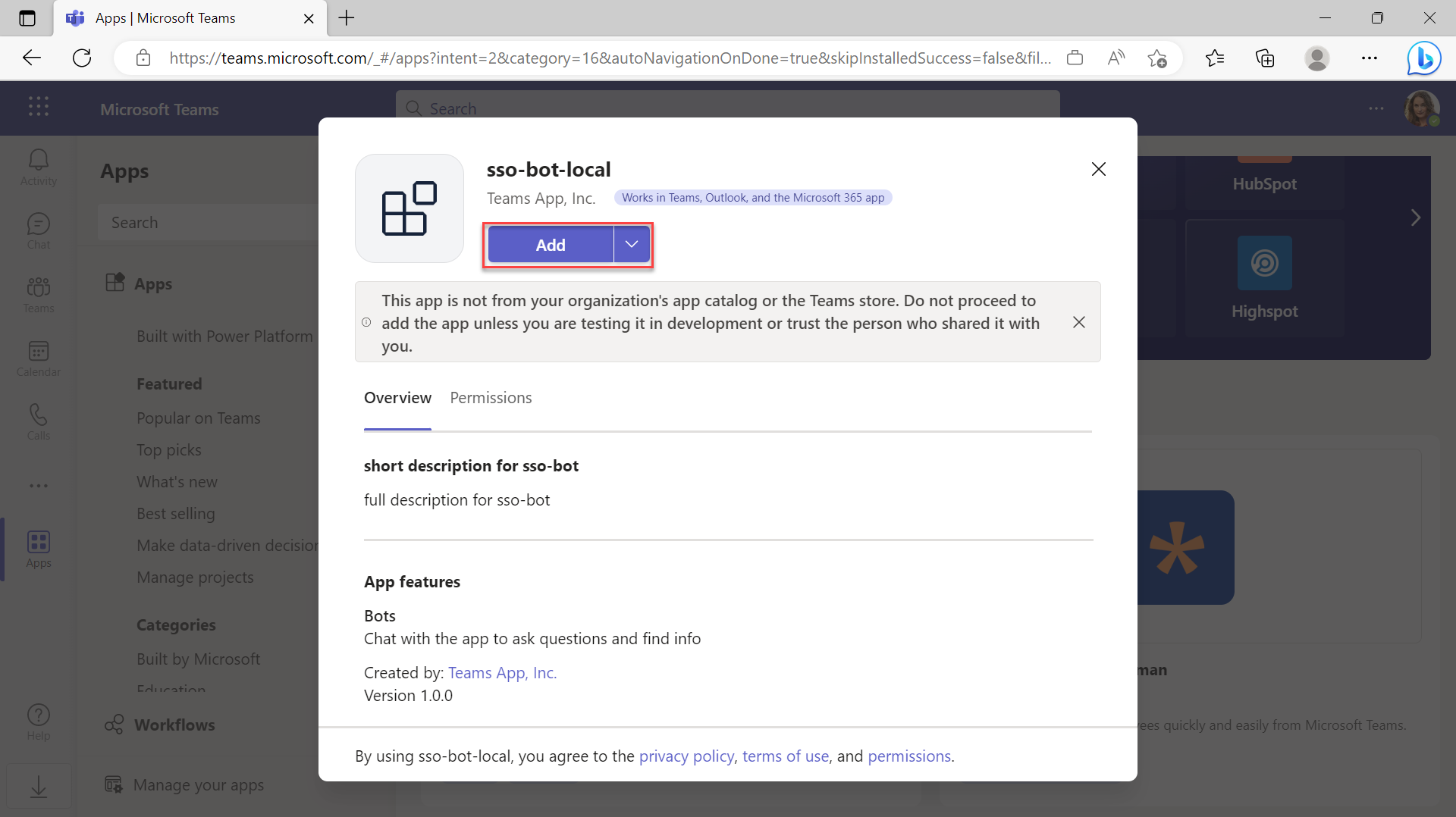 Microsoft Teams のプレビューに Teams アプリを追加するスクリーンショット。