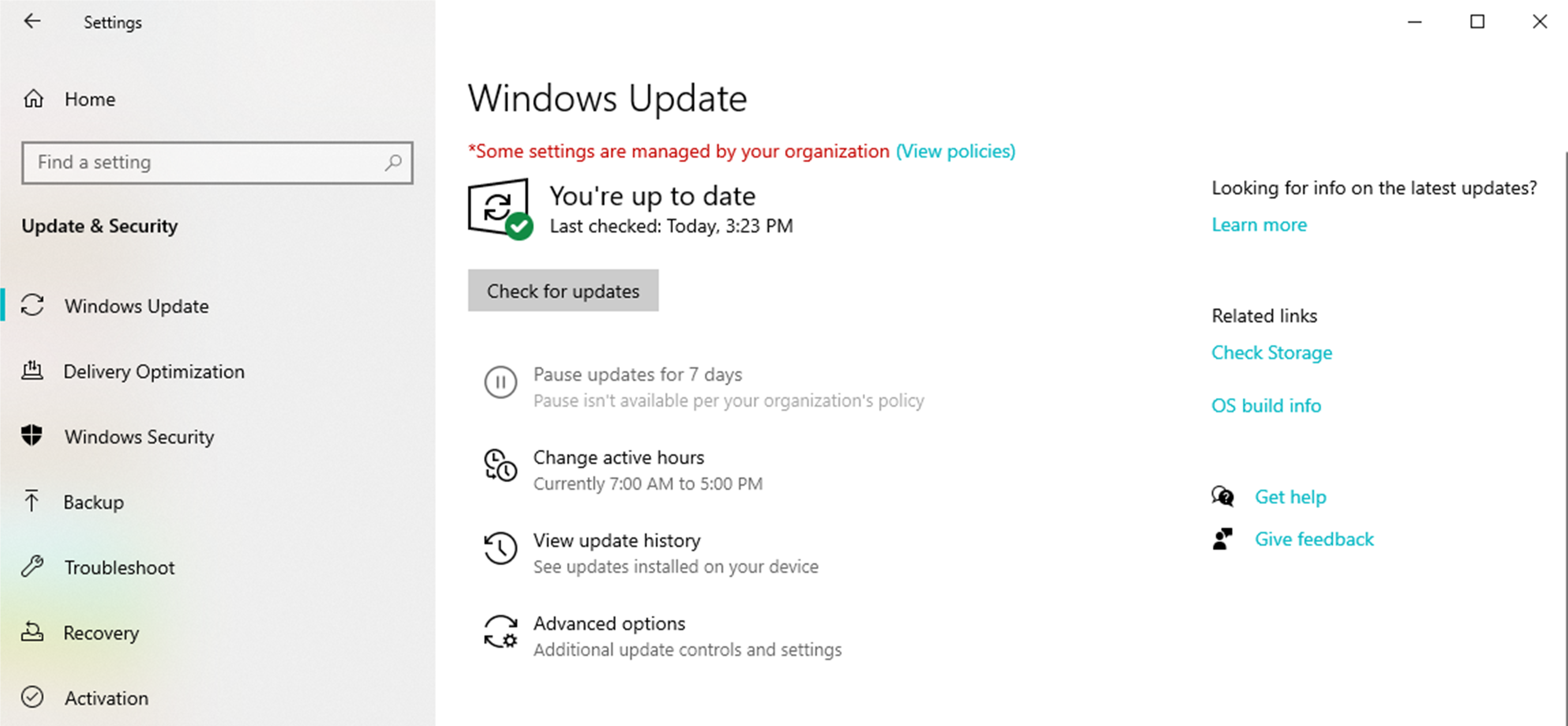 図 16: 「Windows Update の設定」ページ。