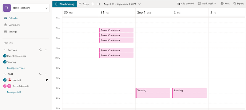 新しい予定表を追加する Microsoft Bookings インターフェイスのスクリーンショット。