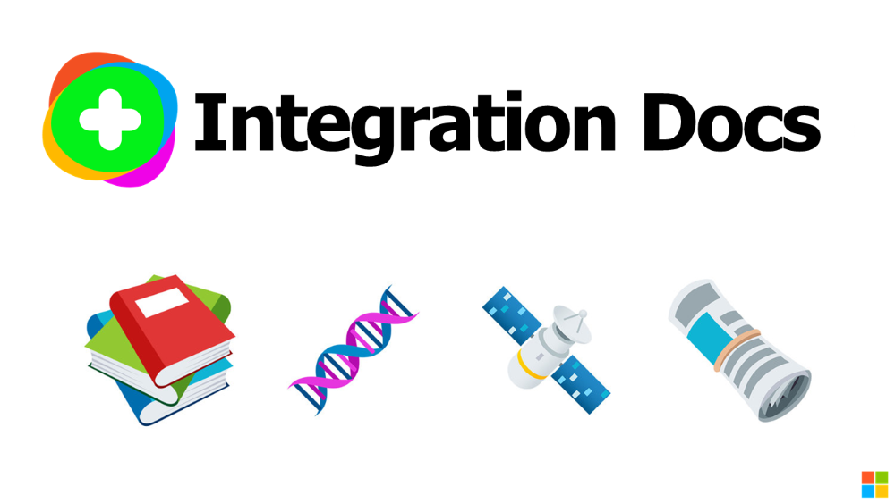 書籍、D N A ストランド、衛星、およびテキストを含む新聞のイラスト: Integration Docs グラフィック。