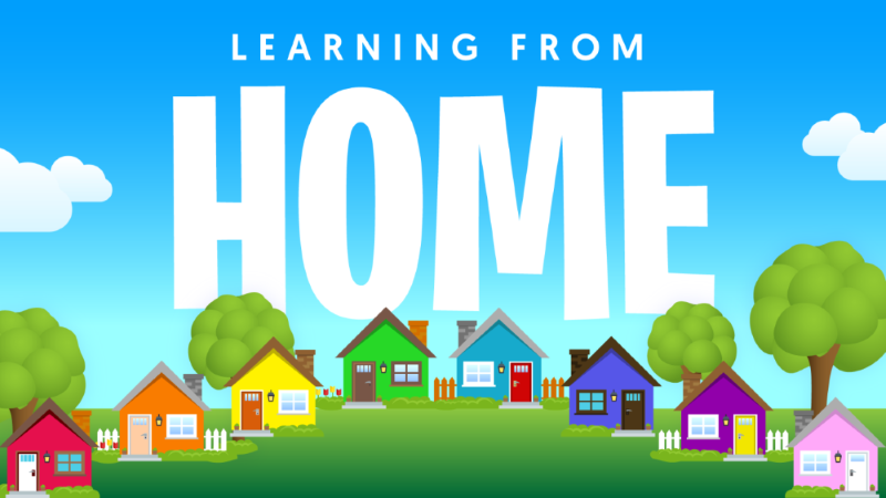 テキスト付きの多色の家のイラスト: 家から学ぶ。