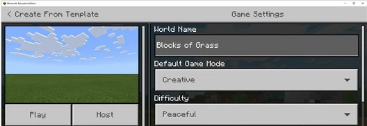 「草のブロック」の世界のゲーム設定のスクリーンショット。