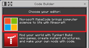 教育版マインクラフト 内でコード ビルダーを開き、MakeCode を選択した状態のスクリーンショット。