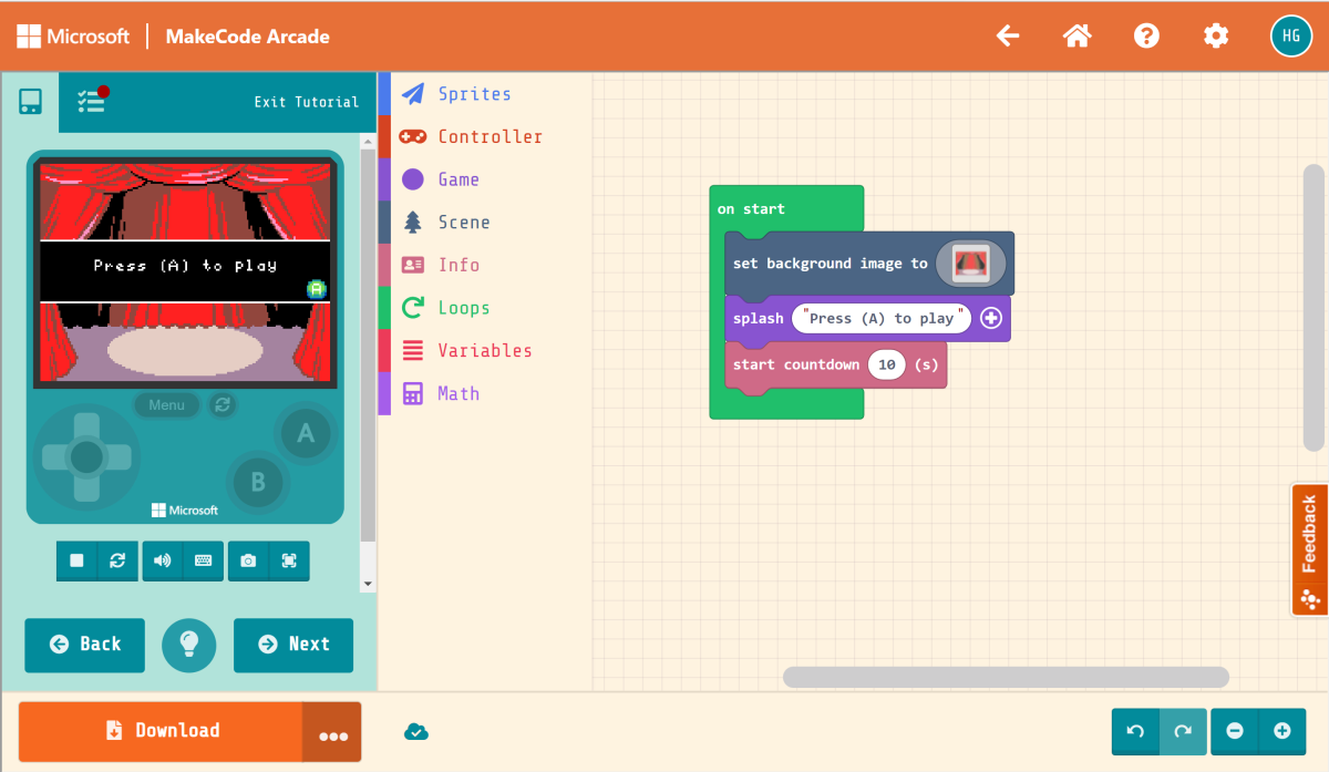 サンプル MakeCode コードのスクリーンショット: 起動時。背景画像を に設定します。スプラッシュ "(A) を押して&クォートを再生します。;カウントダウン 10 秒を開始します。