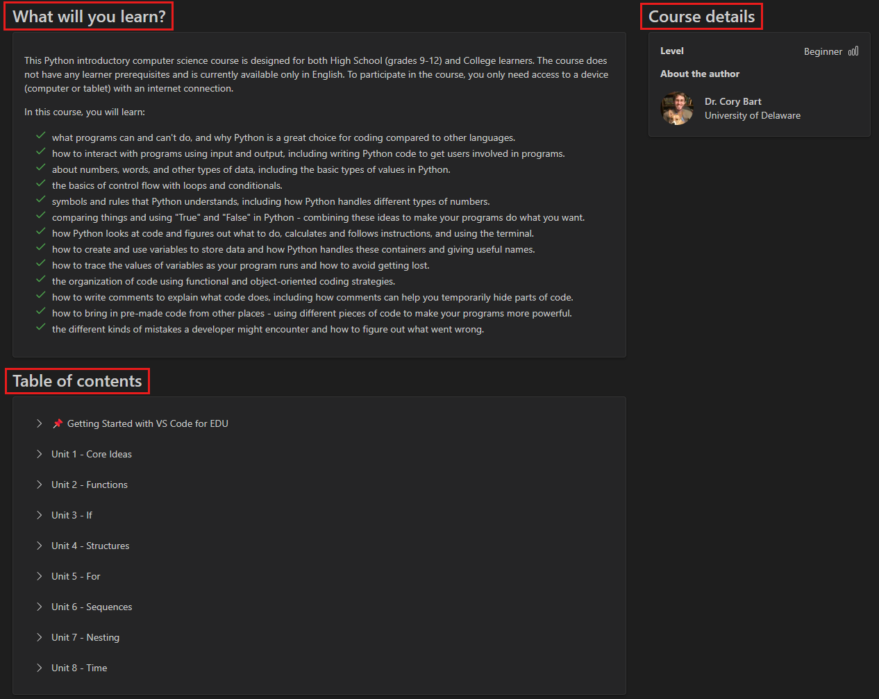 A screenshot of the Introduction to Python course overview page.