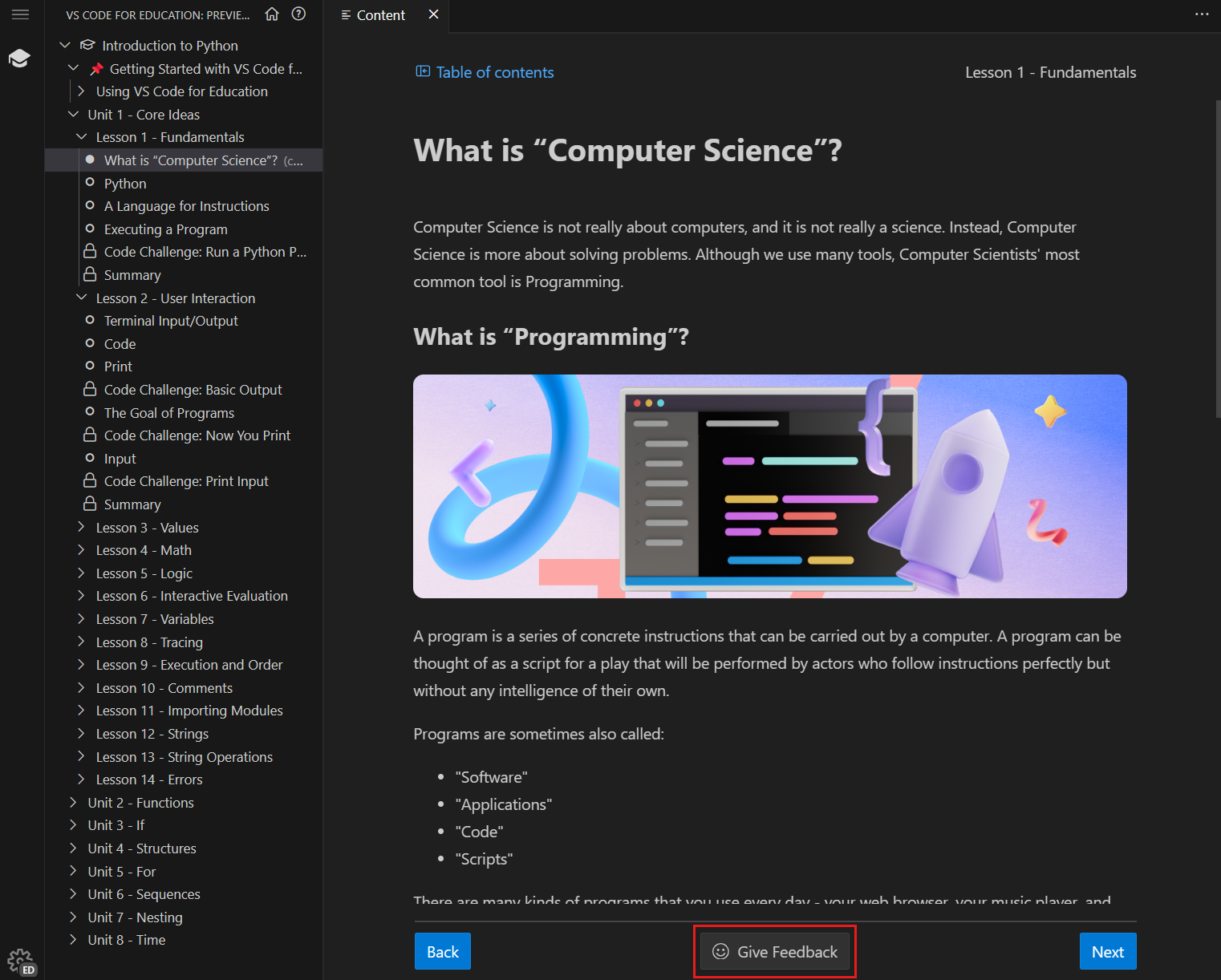 A screenshot that highlights the Give Feedback button below the lesson content.