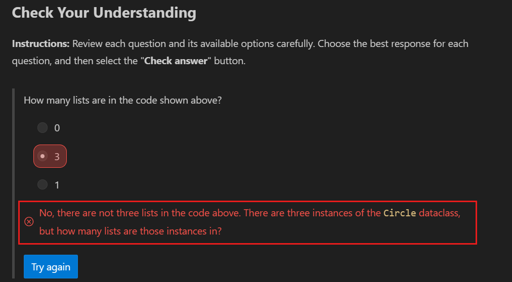 A screenshot that shows a hint given for an incorrect answer to a check-your-understanding question.