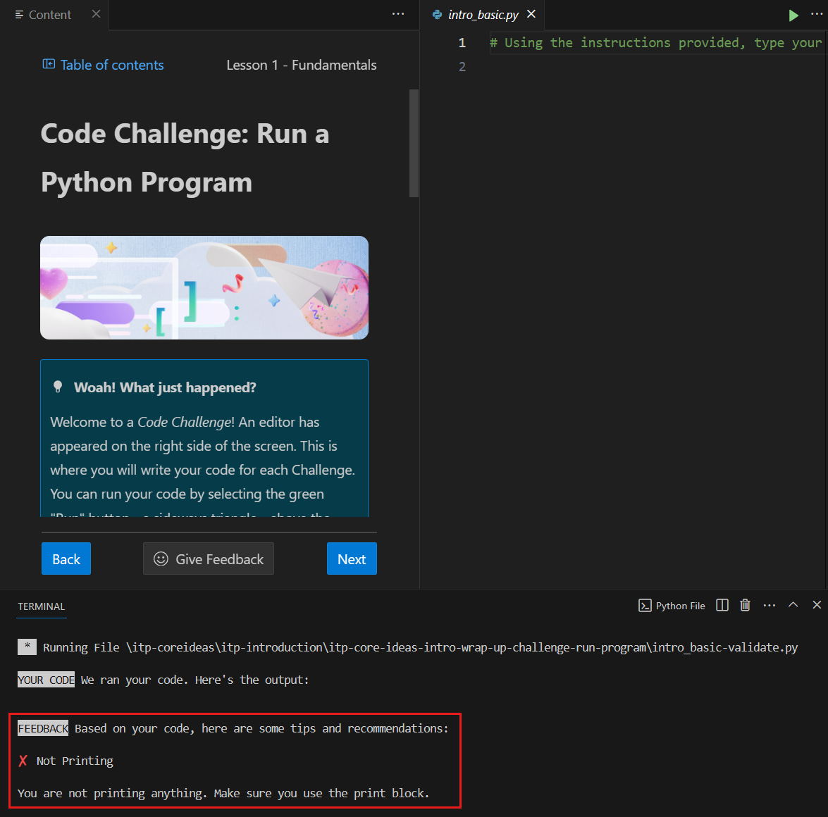 A screenshot of a hint given for a code error.