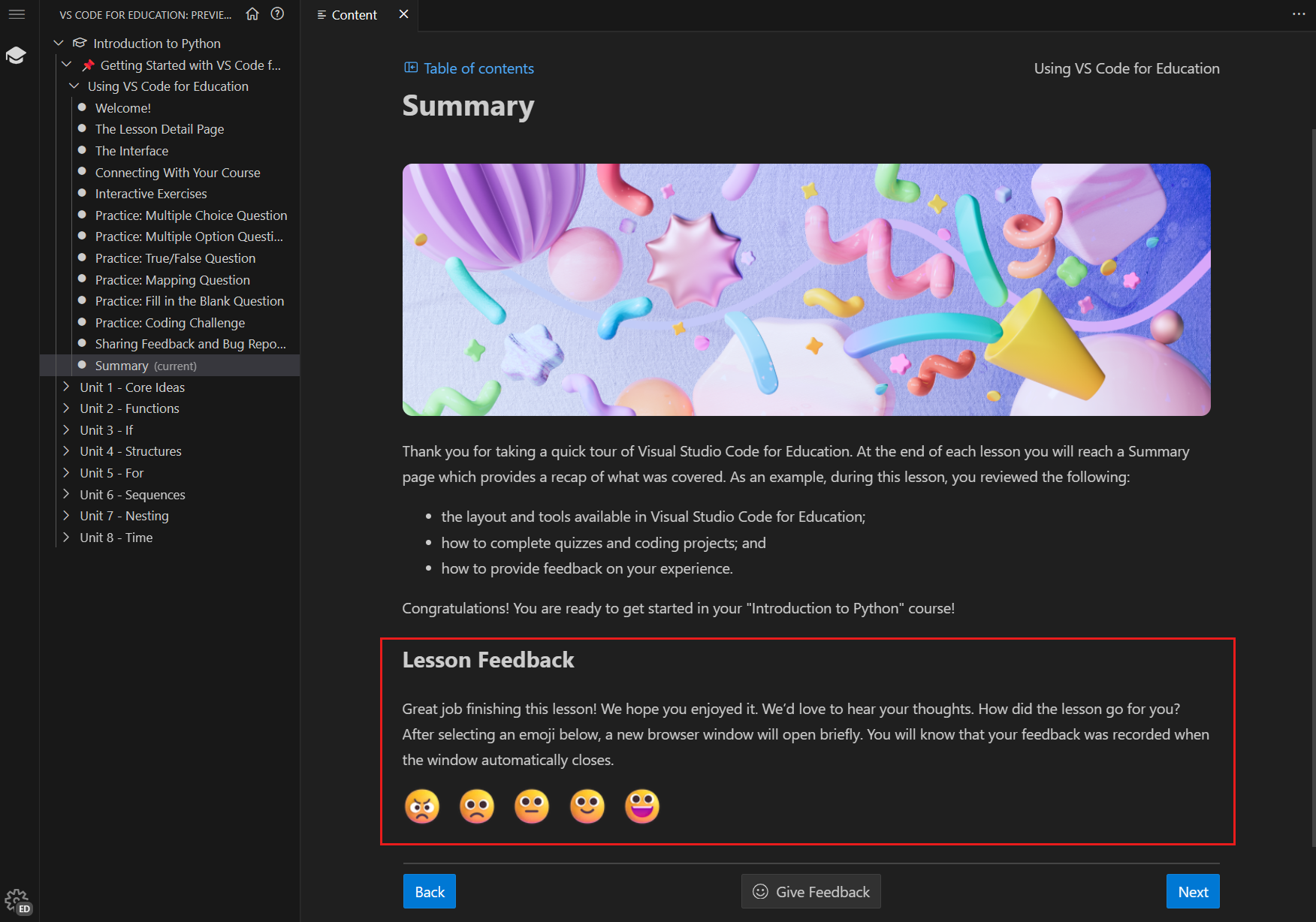 A screenshot that highlights the feedback emojis at the end of the lesson.