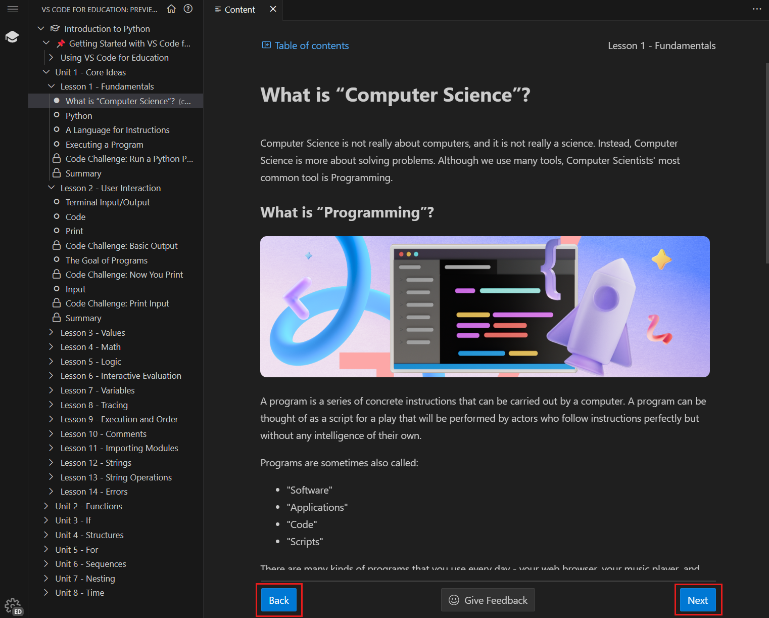A screenshot that highlights the Next button and Back button at the bottom of the lesson page.