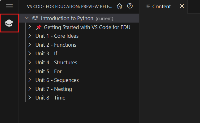 A screenshot that highlights the graduation cap icon that you select to collapse and expand the table of contents pane.