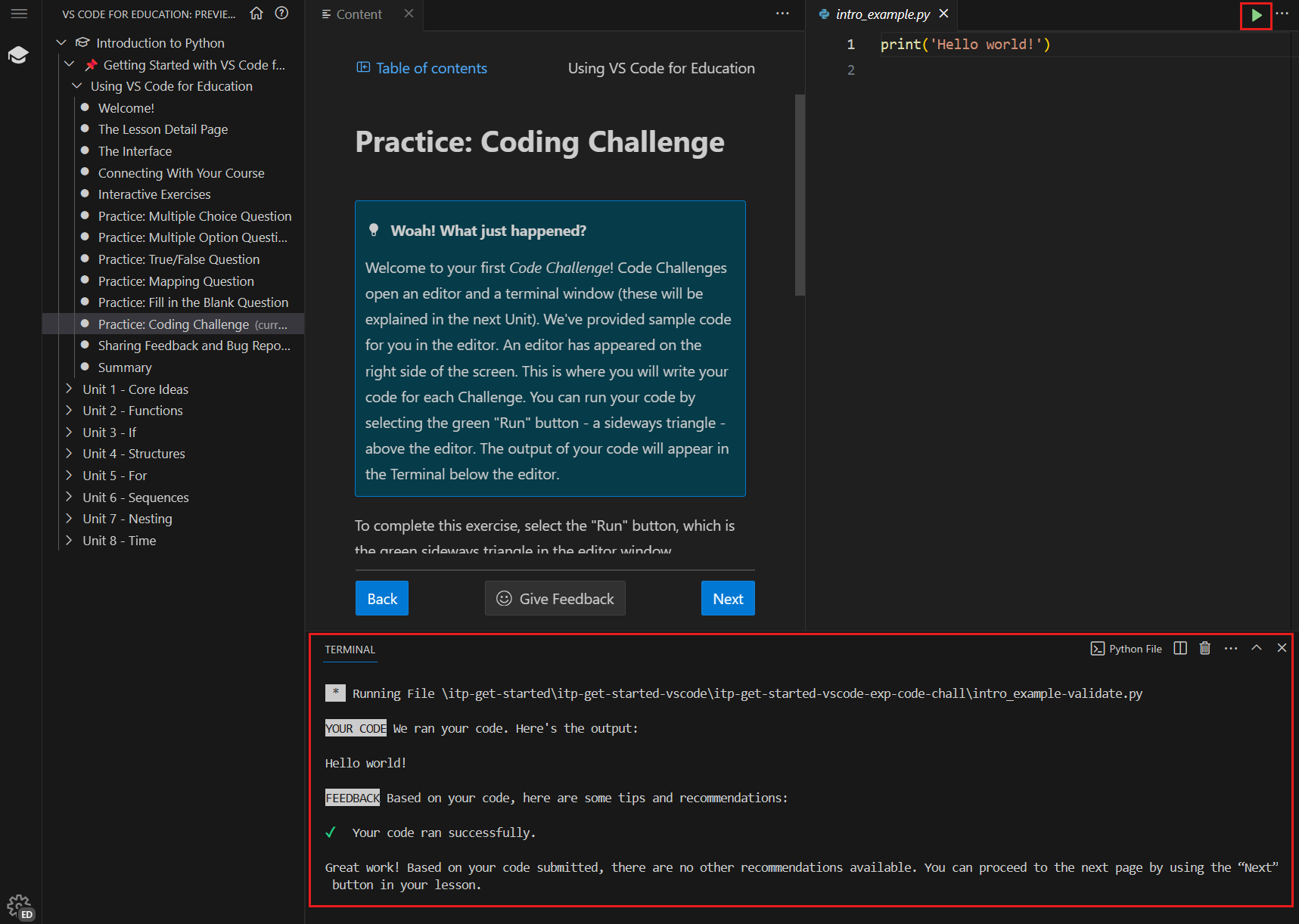 A screenshot that highlights the terminal that opens below the lesson content.
