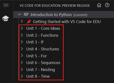 A screenshot that shows the eight units in the Introduction to Python course.