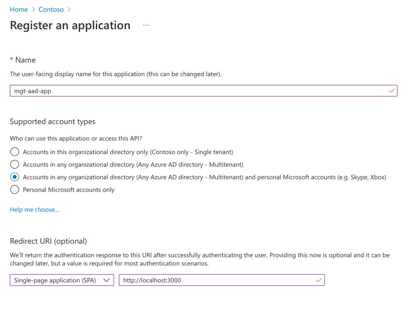 Microsoft Entra ID でのアプリケーションの登録を示すスクリーンショット。