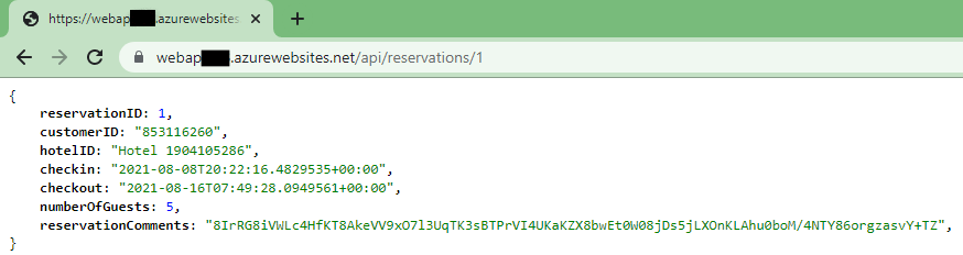 Screenshot of the running web app, showing the details for reservation number 1 in JSON format.