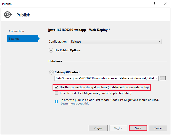 Screenshot of the Settings page of the Publish dialog box with Save selected.