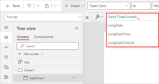 DateTimeFormat のオプション (LongDate、LongDateTime など) が表示された fx フィールドのスクリーンショット。