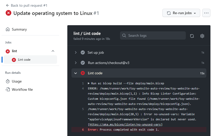 Screenshot of GitHub that shows the workflow log, including the validation error.