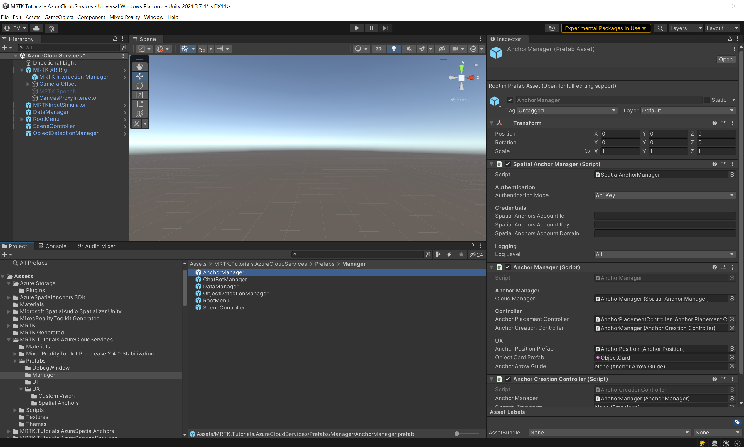 Screenshot of Unity with AnchorManager prefab selected.