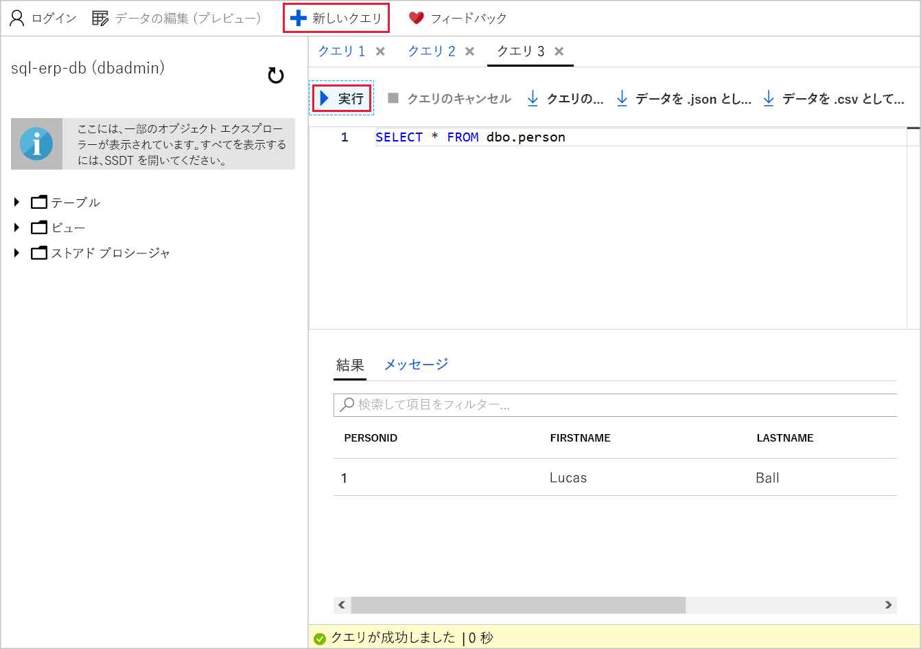 Screenshot of the query editor with T-SQL to query the person table in the sql-erp-db database. A callout highlights the run button.