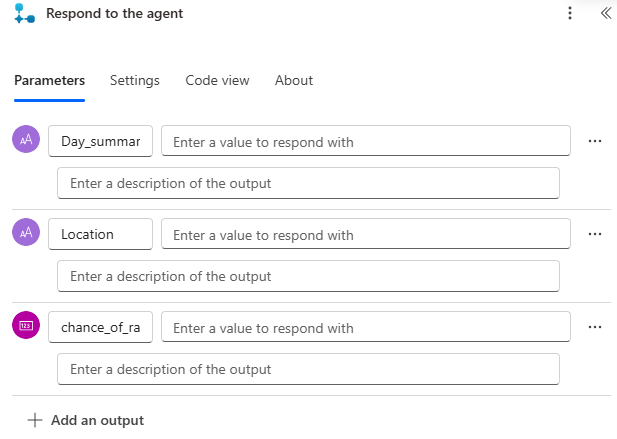 エージェント アクションへの応答で出力パラメーターを構成する方法を示すスクリーンショット。
