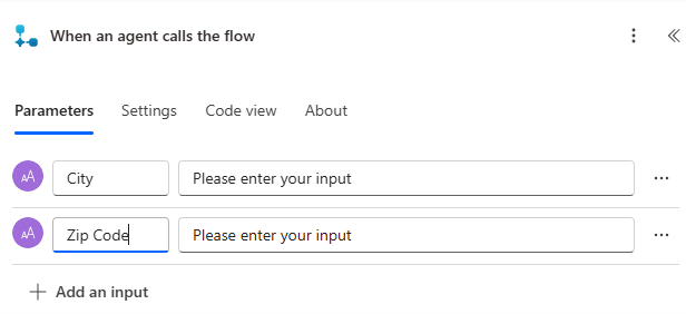 フローの入力パラメーターを示すスクリーンショット。