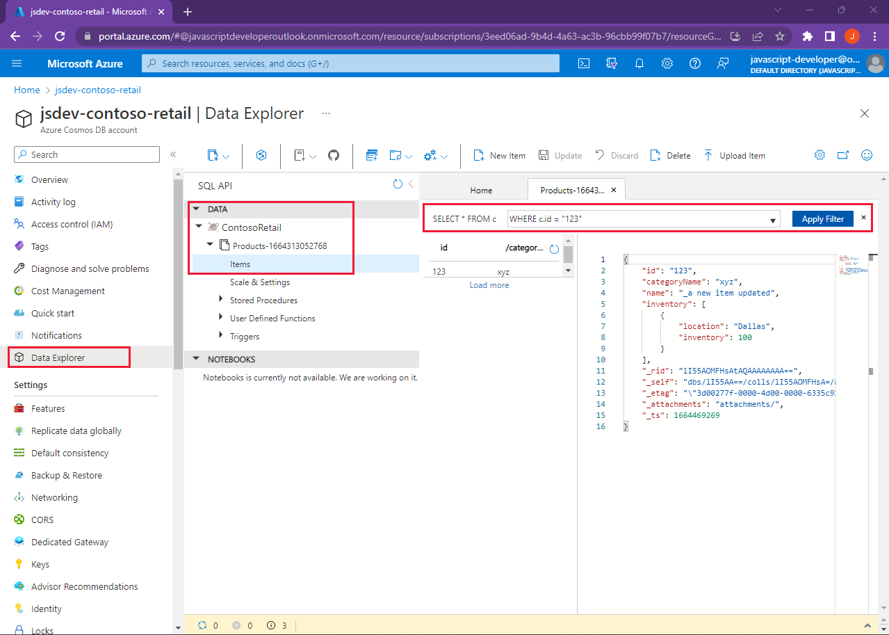 Screenshot of the Azure portal with the Data Explorer showing the query window open with a JSON document displayed.