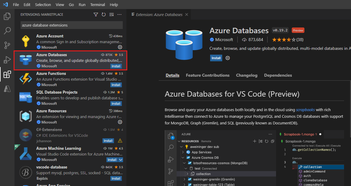 Screenshot of Visual Studio Code. The user has selected the Azure Databases extension.