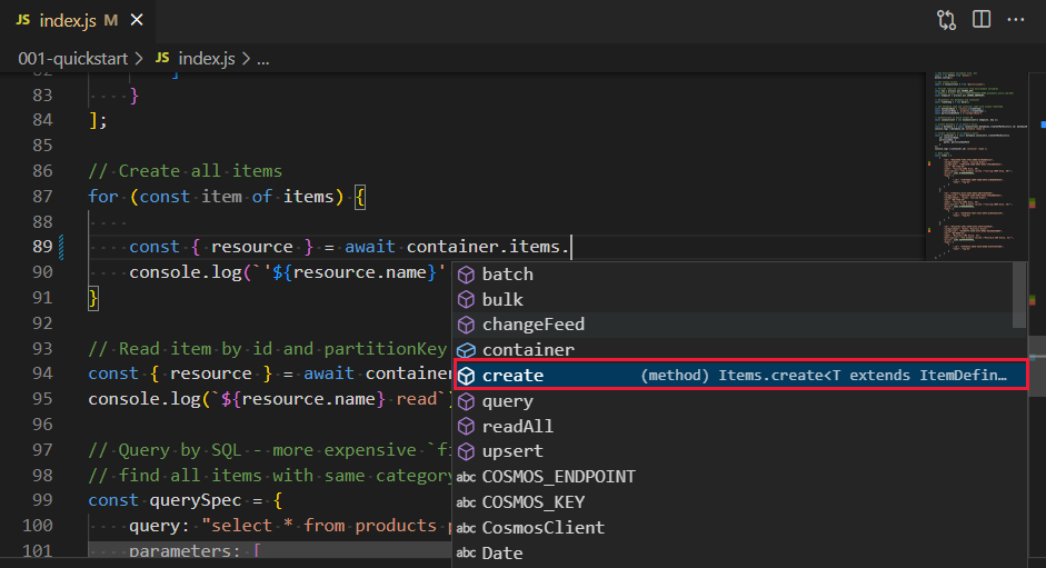 Screenshot of the editor Visual Studio Code, showing an Intellisense prompt.