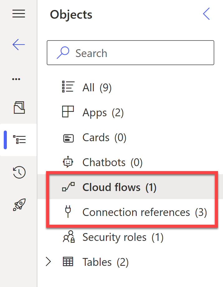 ソリューション内のクラウド フローおよび接続参照のスクリーンショット。