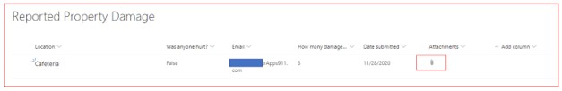 添付ファイルとして表示される画像を含む、SharePoint で報告された資産の破損リストのスクリーンショット。