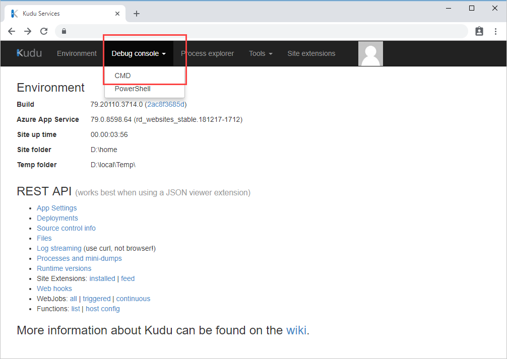 デバッグ コンソール cmd メニュー オプションを強調表示するコールアウトのある Kudu の環境ページのスクリーンショット。