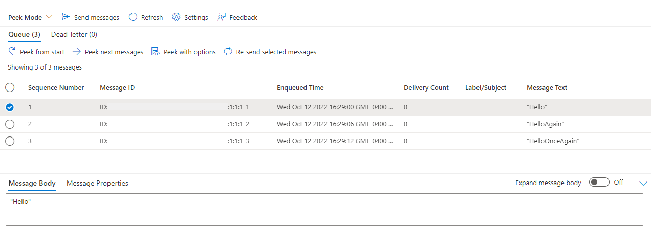 Screenshot of the Service Bus explorer with peeked messages.