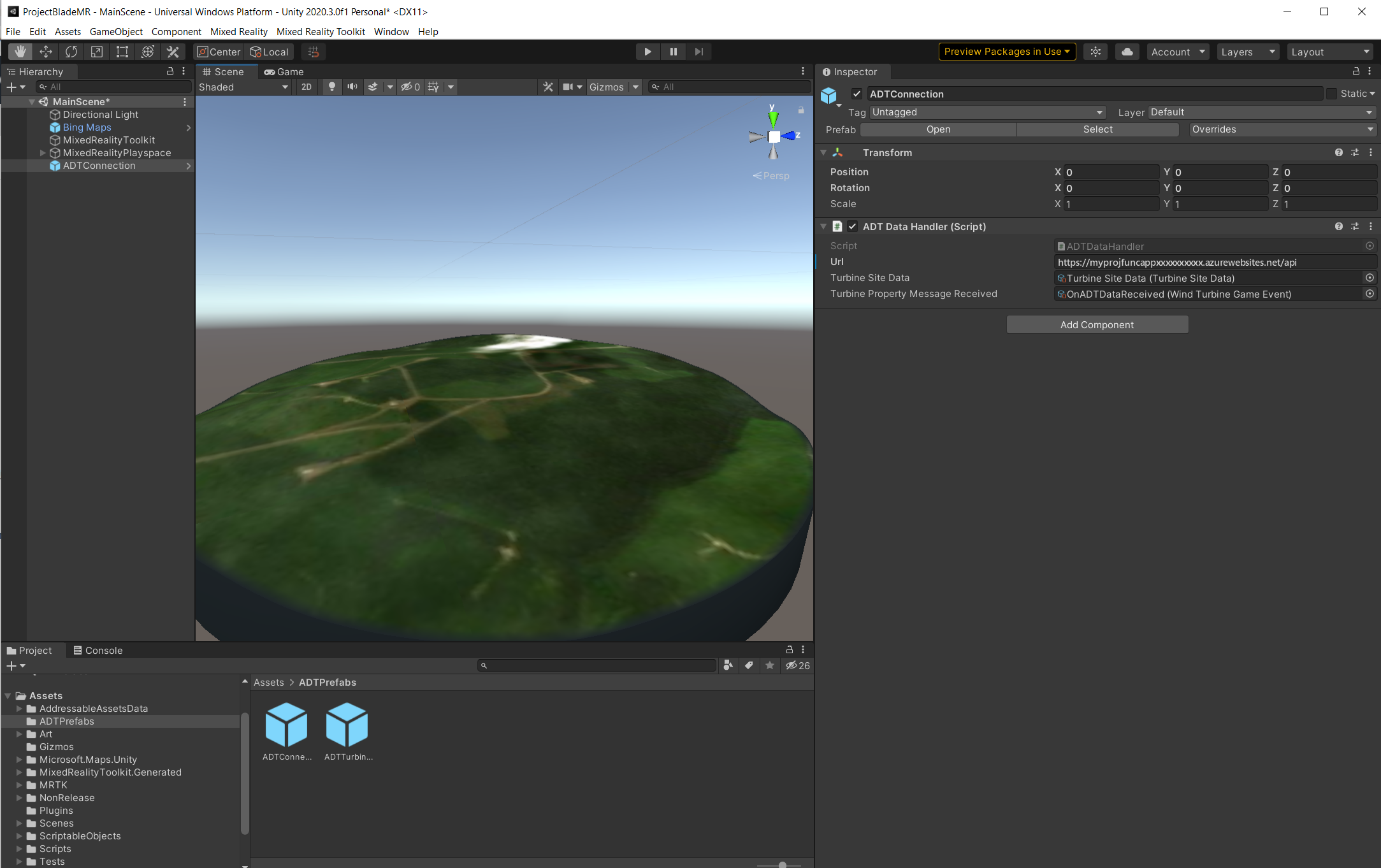 Unity エディターのスクリーンショット。Azure Digital Twins 接続プレハブが選択され、ADT データ ハンドラー スクリプトが追加されています。