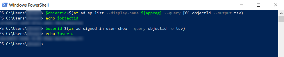 Screenshot of using the Windows PowerShell environment to get the apps object and user ID.