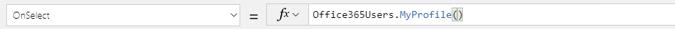 OnSelect プロパティとして Office365Users.MyProfile() を使用したボタンのスクリーンショット。