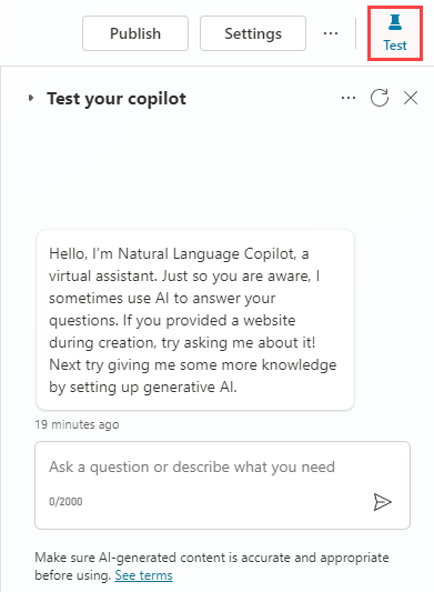 Microsoft Copilot Studio のテスト パネルのスクリーンショット。
