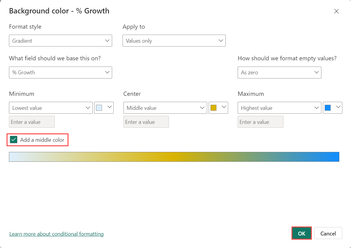 スクリーンショットは、ダイアログ内の [中間色の追加] ボタンの選択、および [OK] ボタンの場所を強調表示しています。
