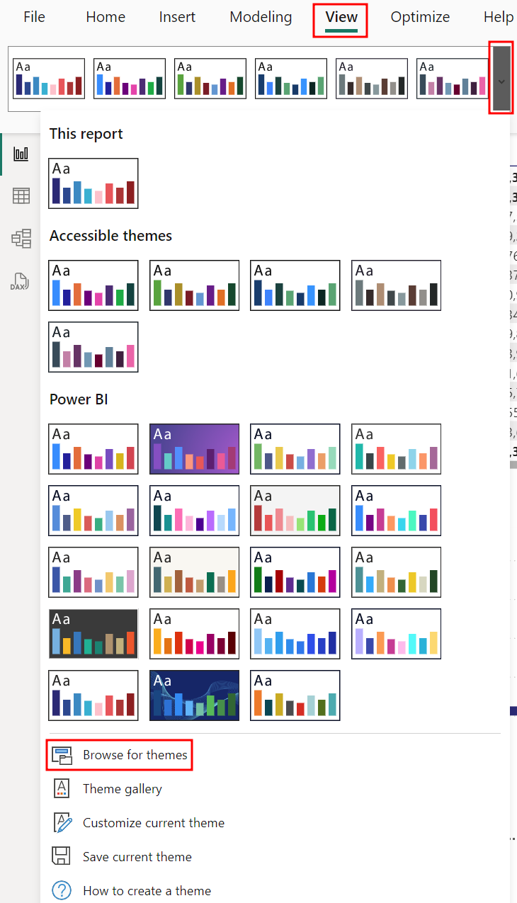 「表示」タブの「テーマ」ドロップダウンで、「テーマを参照」ボタンの場所が強調表示されたスクリーン ショット。