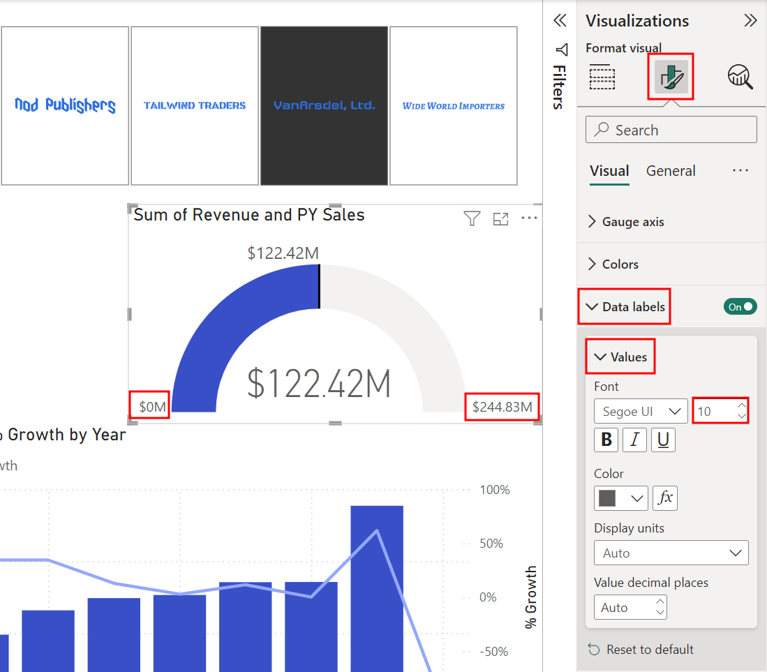 「Revenue の合計と PY Sales」、および「データ」ラベル セクションの「値」サブセクションとフォント サイズが強調表示されたスクリーンショット。