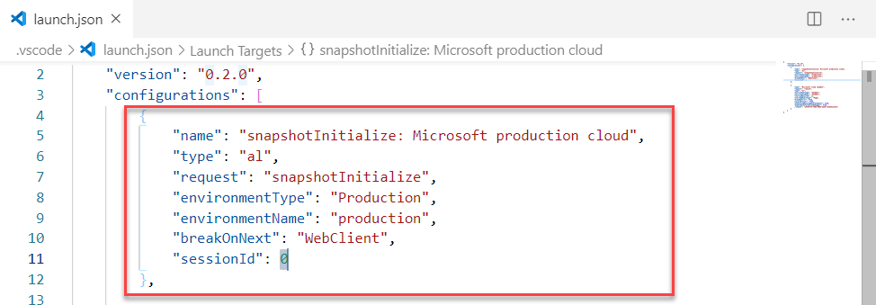 launch.json ファイル内のスナップショットの設定。