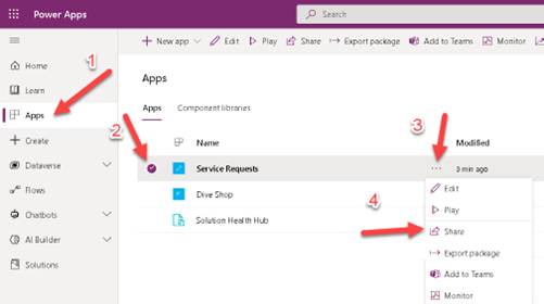 「アプリ」ページを示す Power Apps のスクリーンショット。アプリが選択され、「その他のコマンド」ドロップダウン メニューが選択されて、「共有」オプションが表示されています。