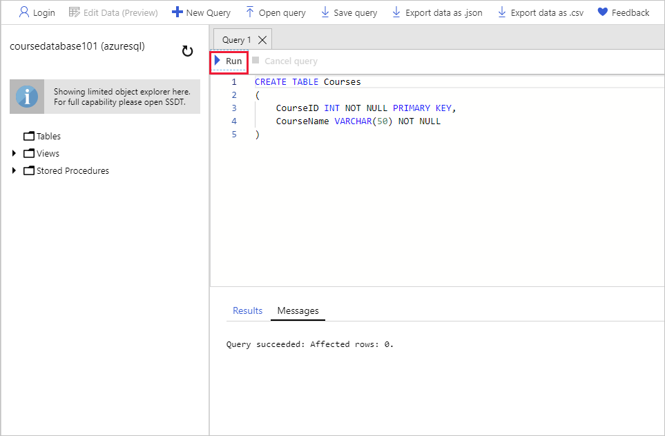 The Query editor window in the Azure portal. The user has entered a statement to create the Courses table.