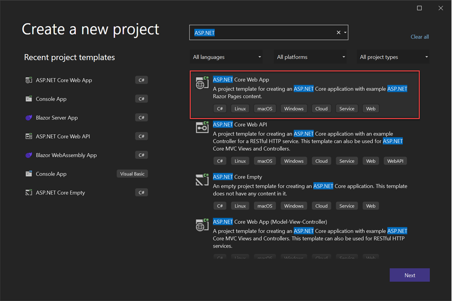 Visual Studio の新しいプロジェクト ダイアログのスクリーンショット。