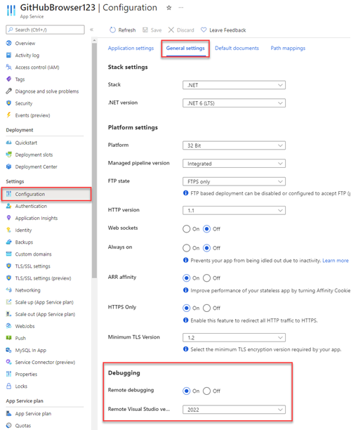 A screenshot of the Azure remote debugging settings.