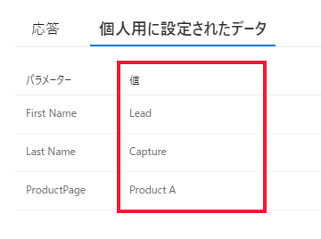 [個人用に設定されたデータ] タブには渡された値が表示されます: 名が「Lead」、姓が「Capture」、ProductPage が「製品 A」です。