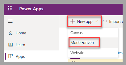 Power Apps ポータルのスクリーンショット。フォーカスは、「新しいアプリ」メニューの「モデル駆動型」オプションにあります。