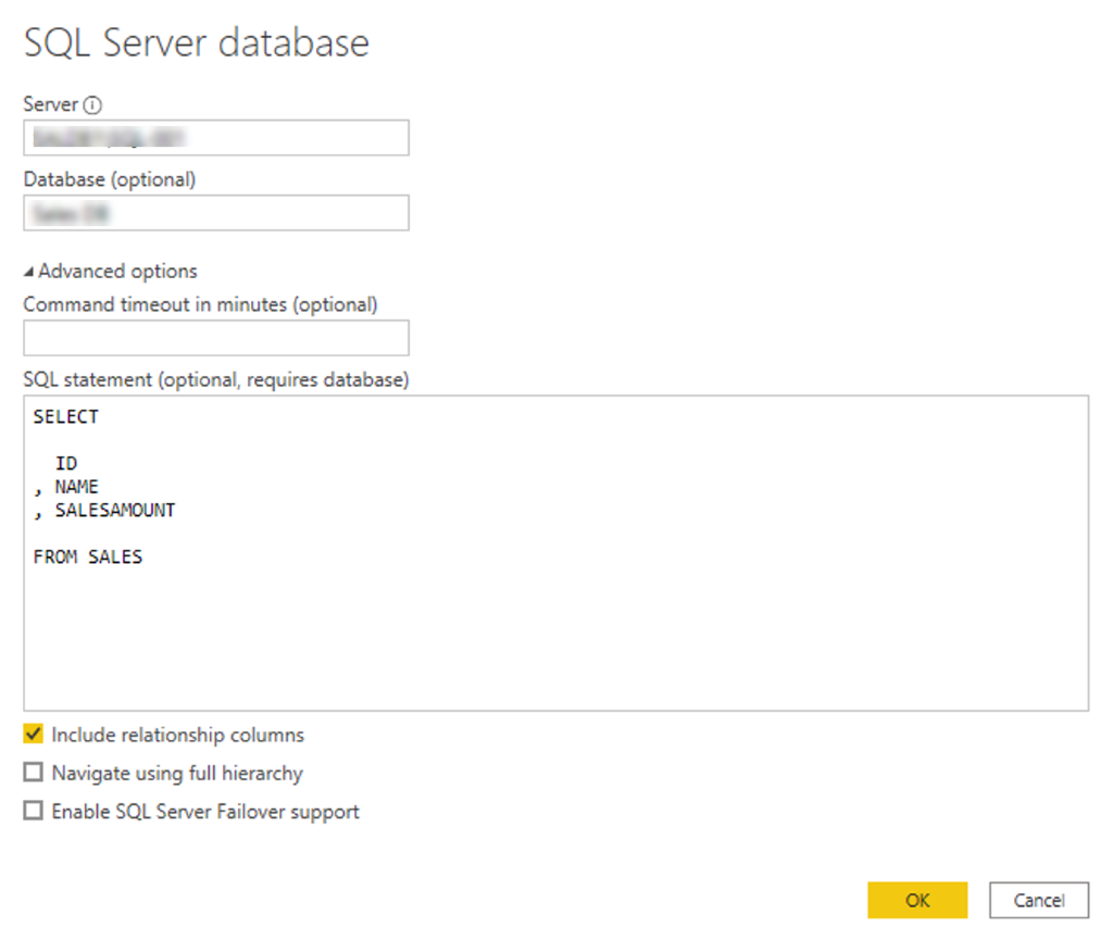 SQL クエリにおける SQL Server データベース ダイアログのスクリーンショット。